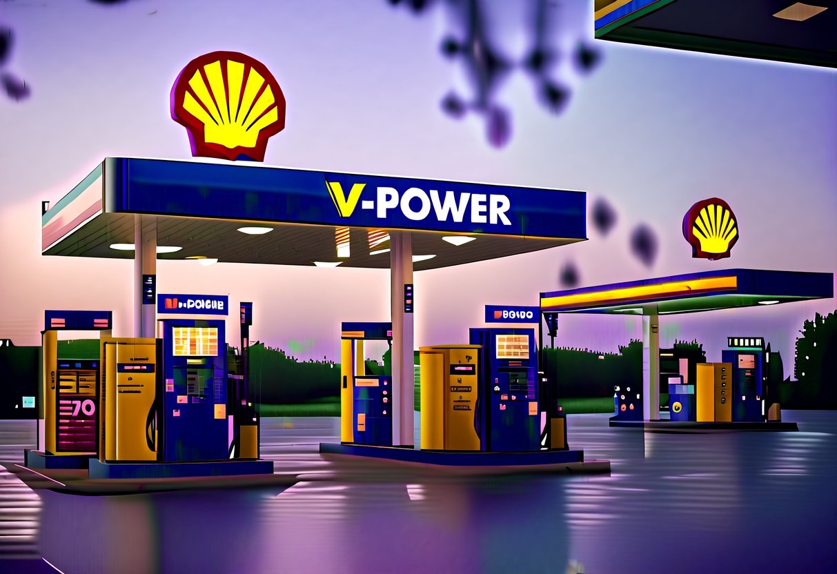 A Shell gas station with prominent V-Power Discounts signage and fuel promotions displayed