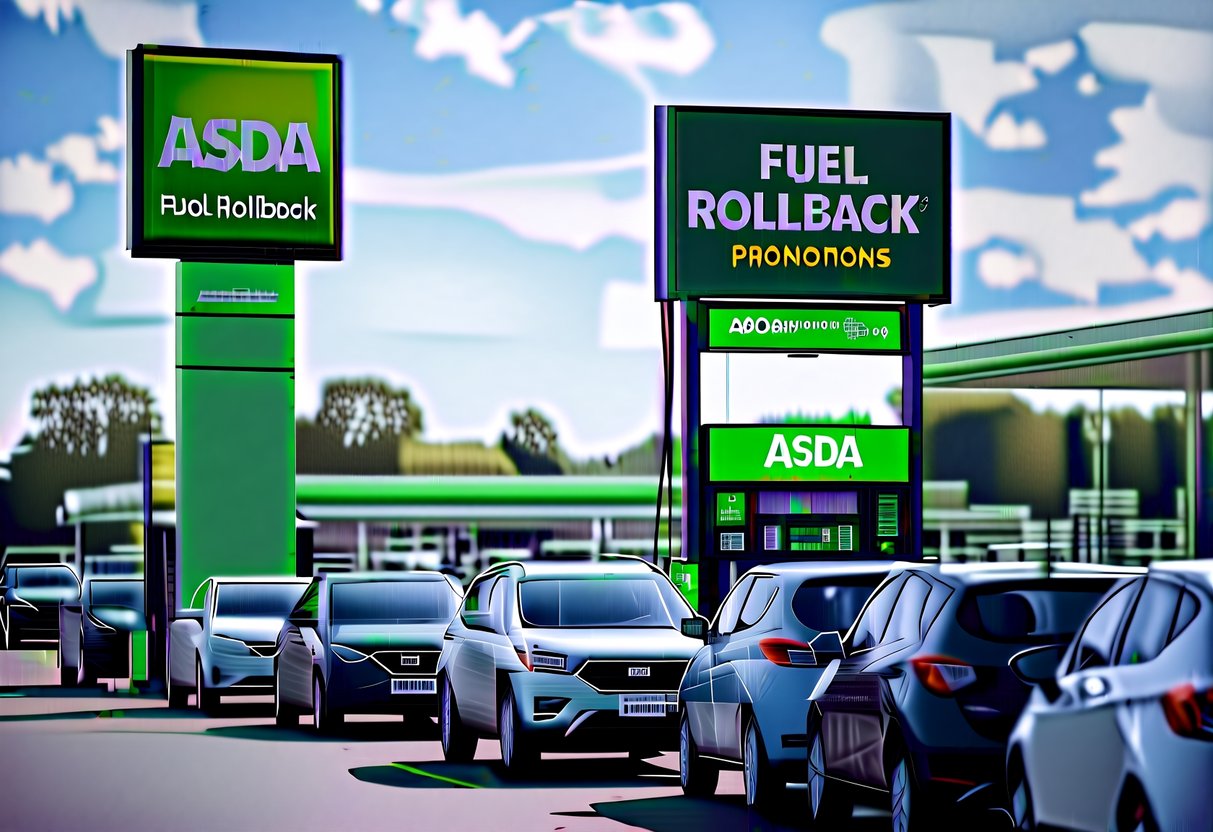 A busy gas station with a large sign displaying "ASDA Fuel Rollback" promotions, with cars lined up at the pumps