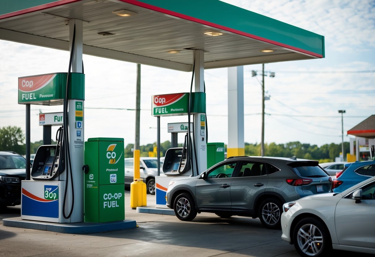 A gas station with Co-op Fuel Promotions signage, cars refueling