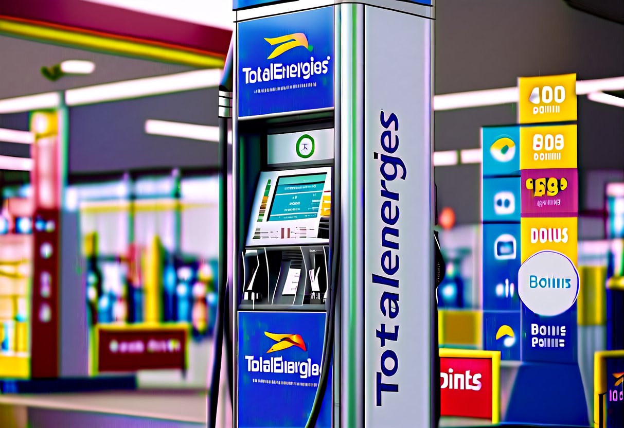 A gas pump with TotalEnergies branding, surrounded by colorful bonus points icons and promotional signage