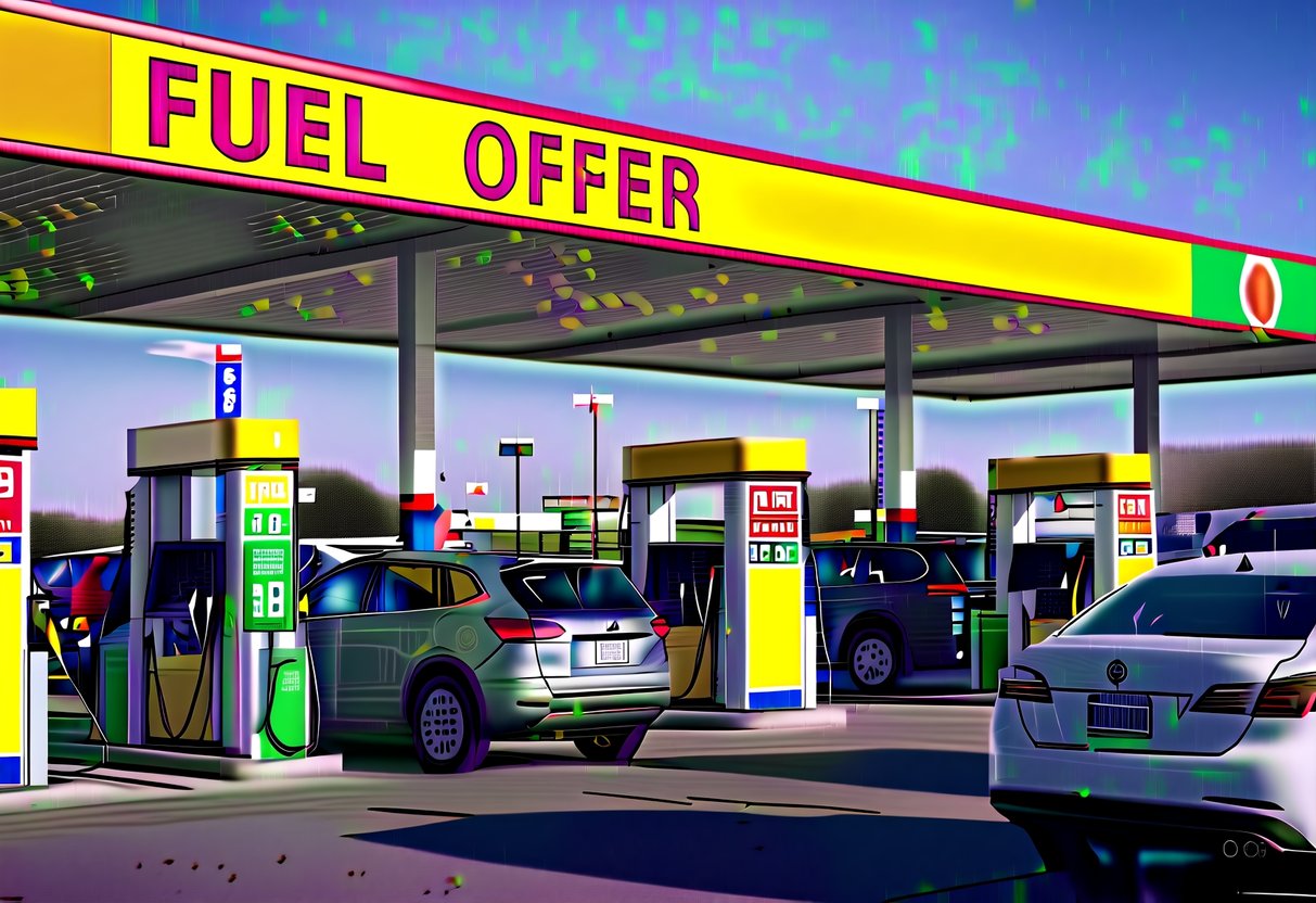 A gas station with bright, colorful signs promoting fuel discounts and special offers. Customers filling up their cars under the eye-catching promotions