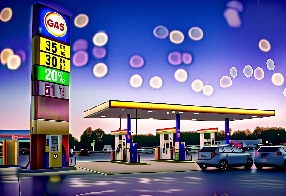 A gas station with bright signs, fuel pumps, and cars filling up. A large banner advertises discounts and promotions