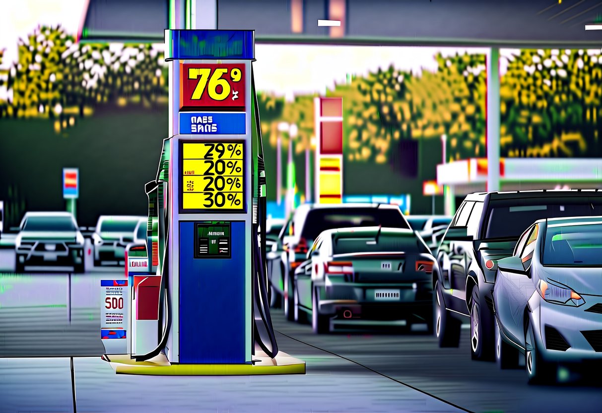 A gas pump with a large, bold price display and a line of cars waiting to fuel up. Bright, eye-catching signs advertise discounts and promotions