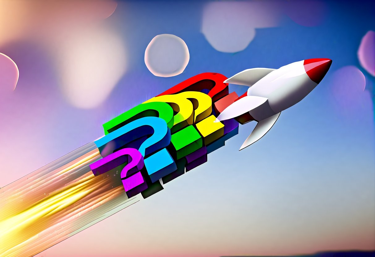 A stack of colorful question marks propelling a rocket