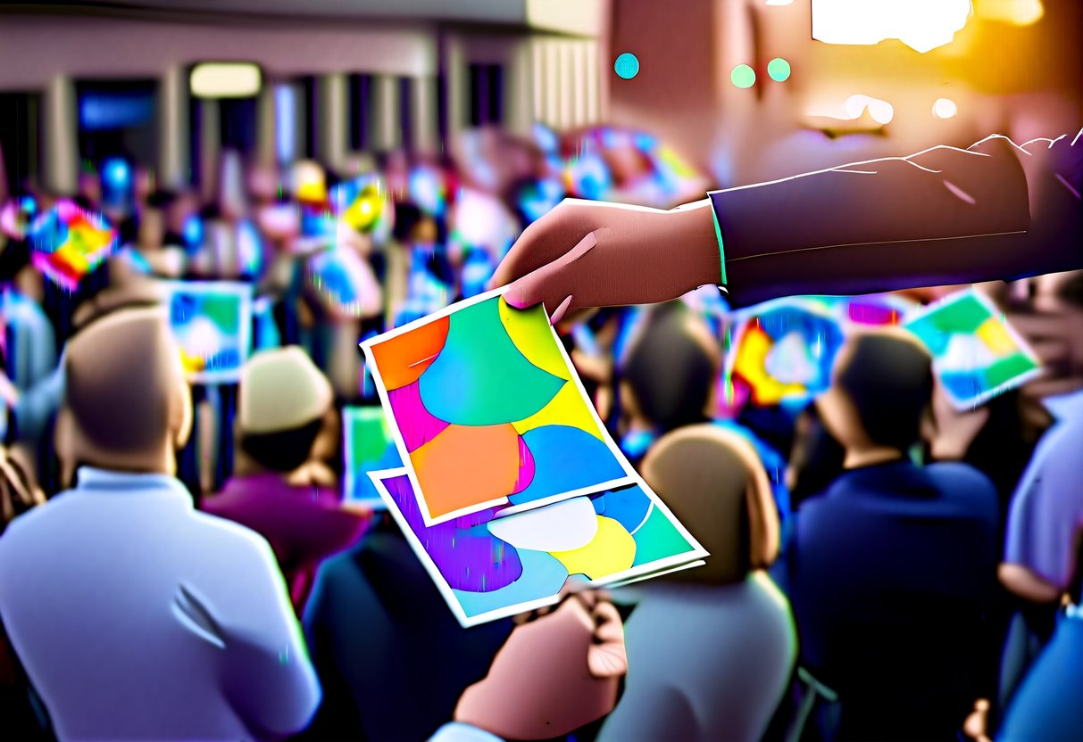 A group of colorful flyers being distributed by hand to a crowd of people