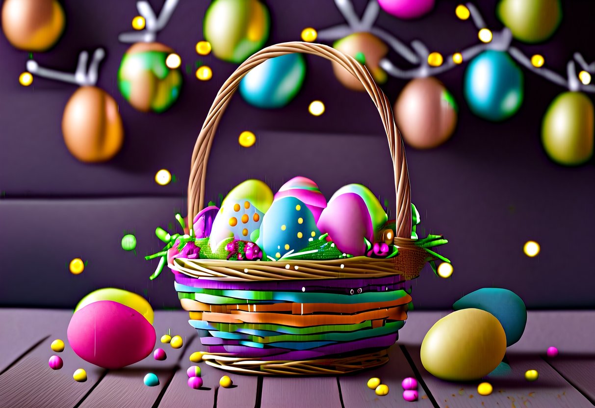 A colorful Easter basket filled with eggs and festive decorations