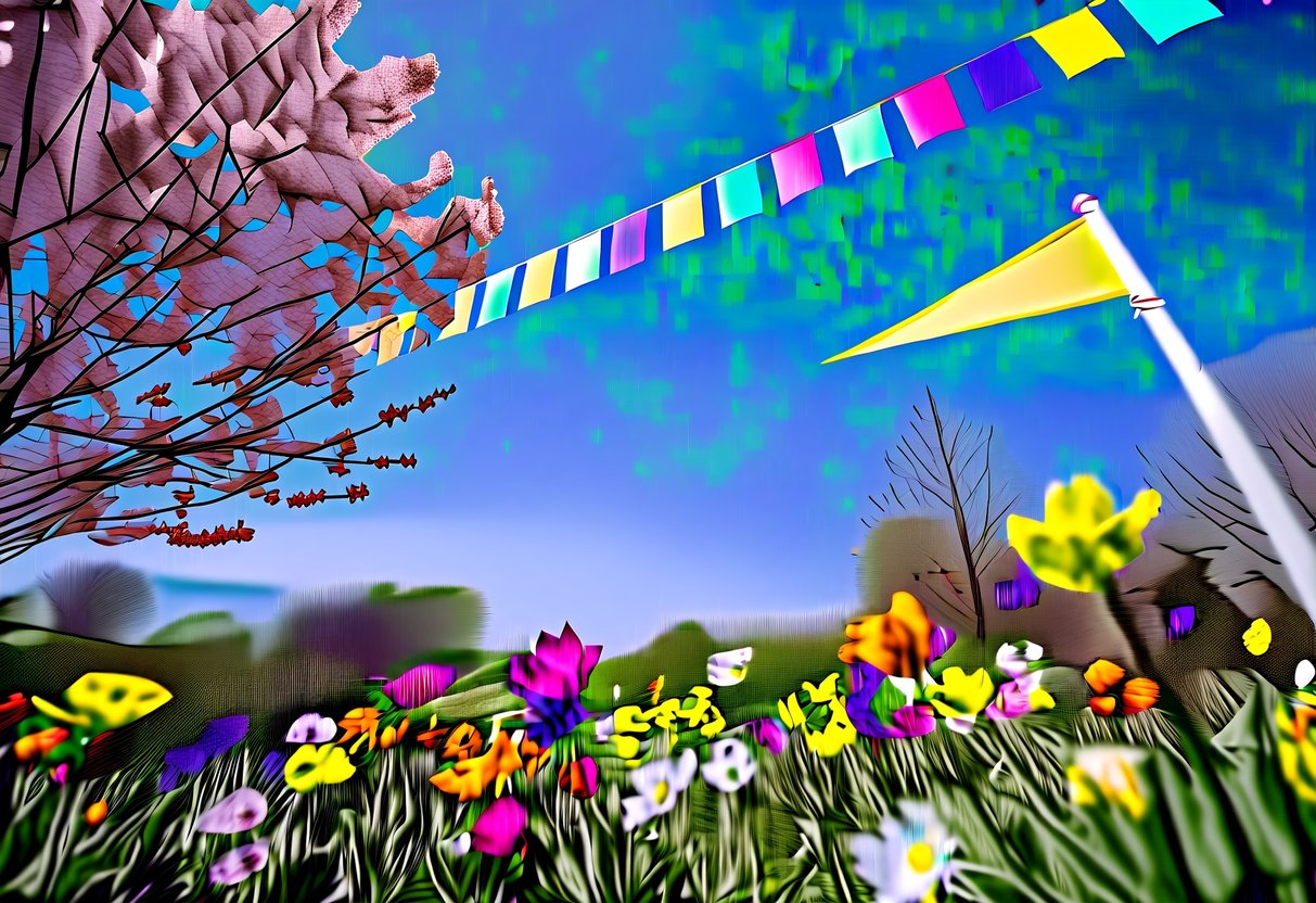 A colorful spring garden with blooming flowers, a bright blue sky, and a banner flying in the breeze