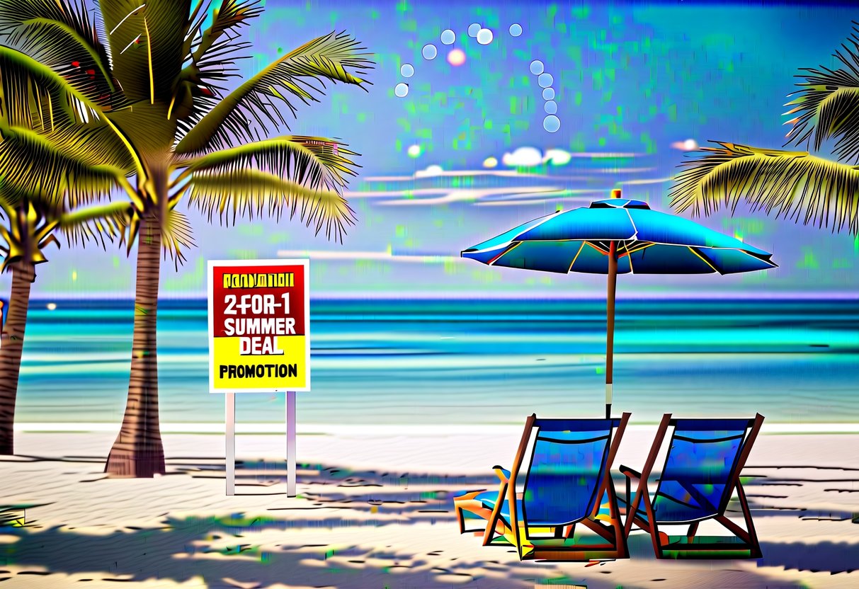 A sunny beach with two beach chairs and an umbrella, surrounded by palm trees and a clear blue ocean, with a sign advertising a "2-for-1 Summer Deal" promotion