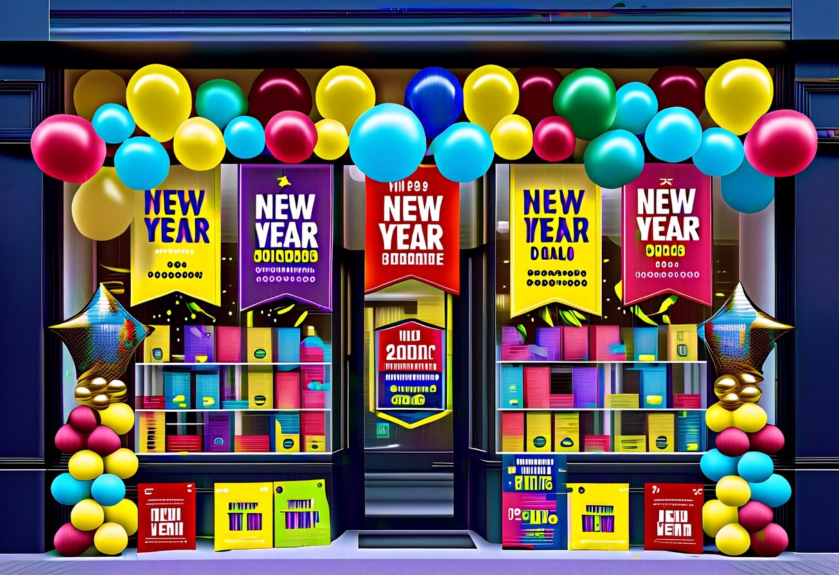 A festive storefront display with colorful banners and balloons, showcasing various New Year surprise deals and promotions