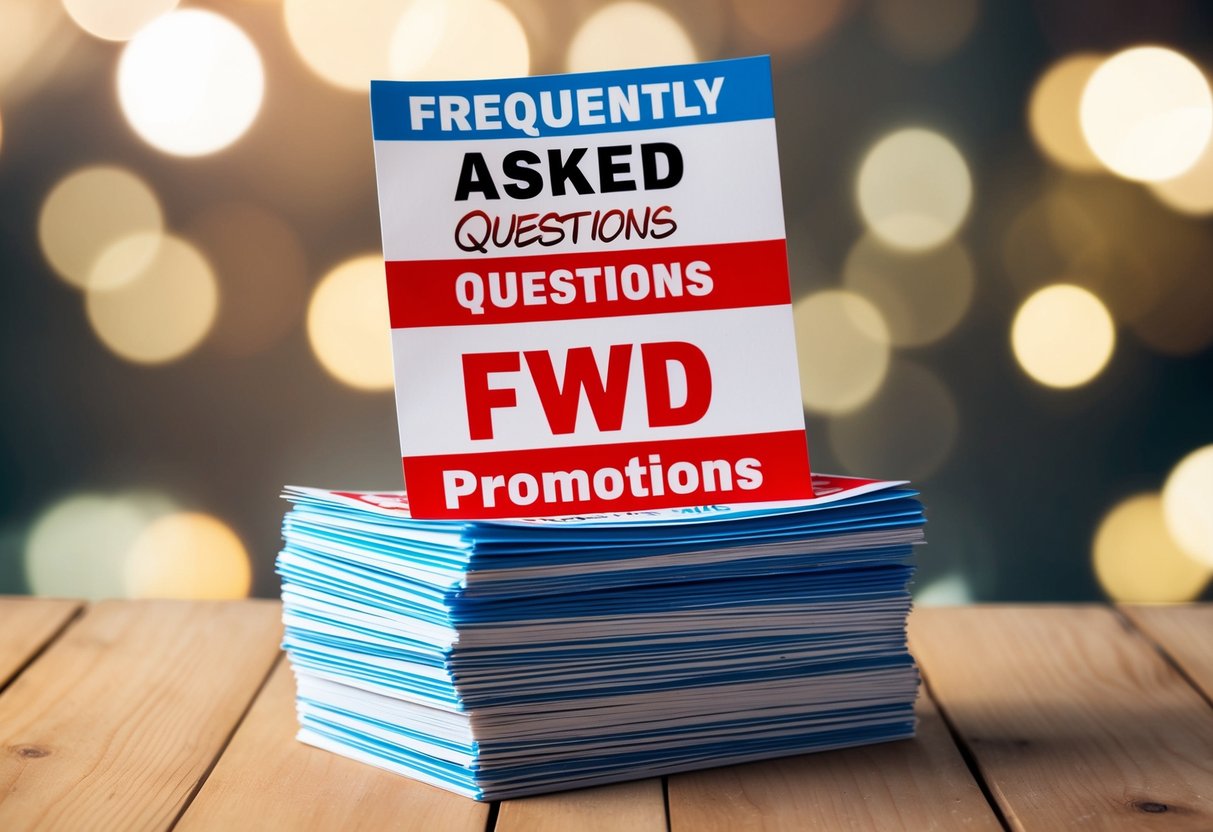A stack of colorful flyers with "Frequently Asked Questions fwd promotions" displayed prominently