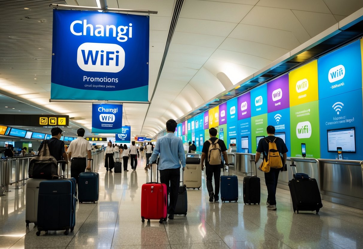 A bustling airport terminal with colorful banners advertising Changi WiFi promotions. Travelers with luggage and electronic devices pass by