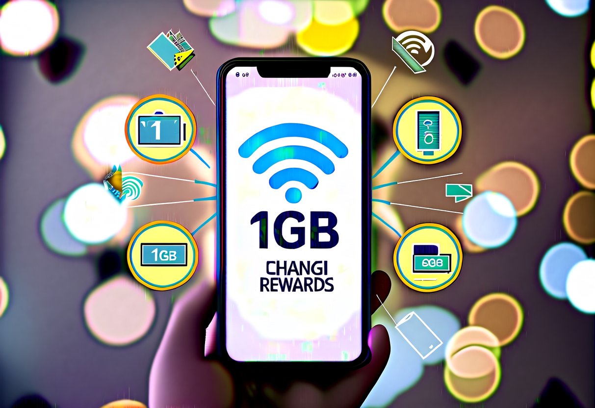 A smartphone displaying a WiFi signal icon with "1GB" and "Changi Rewards" logo, surrounded by promotional graphics