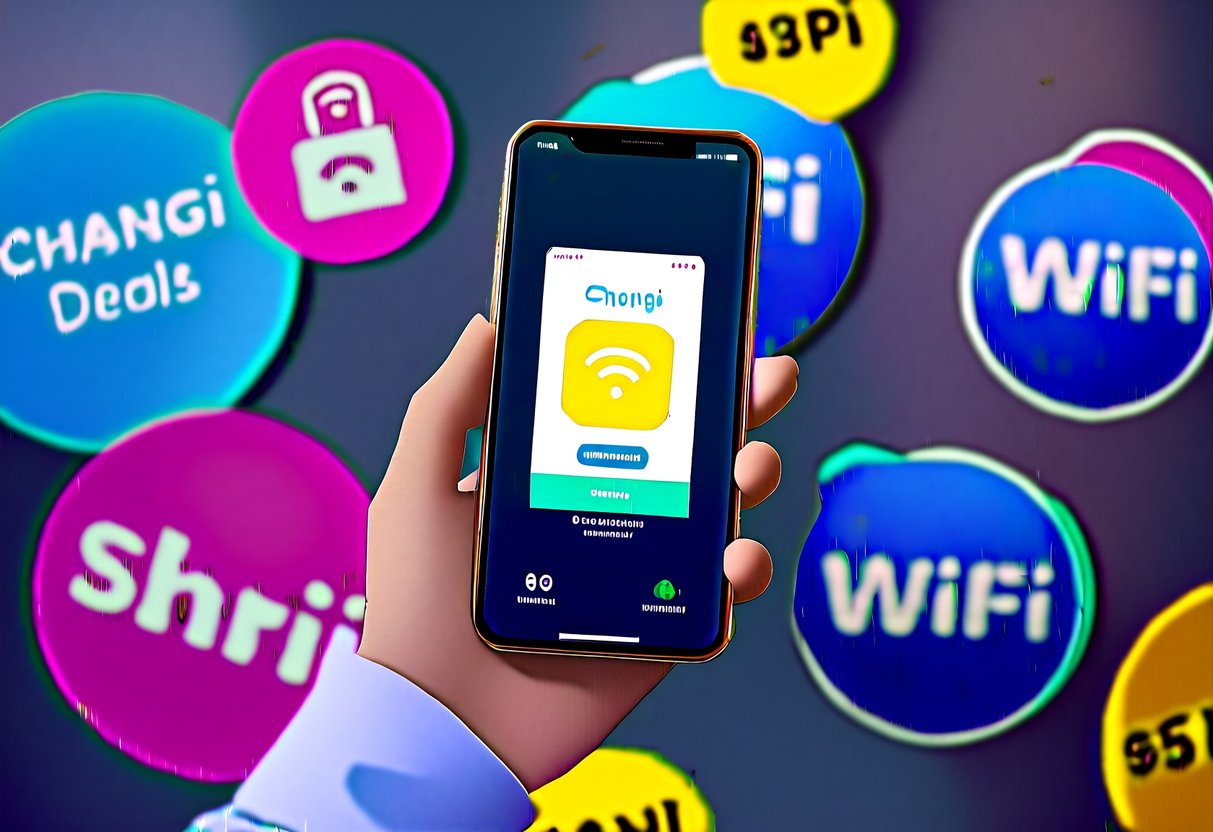 A smartphone displaying the Changi app with WiFi deals, surrounded by vibrant promotional graphics
