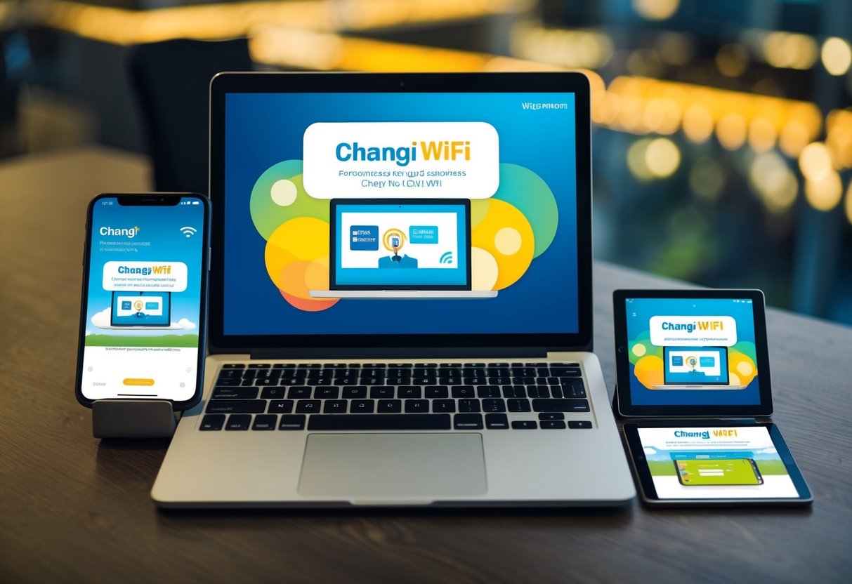 A laptop, smartphone, and tablet connected to Changi WiFi with promotional banners displayed on the devices' screens