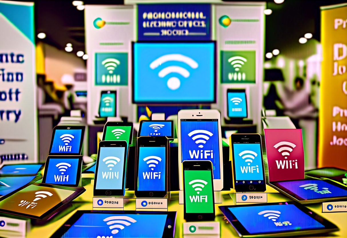 A colorful display of electronic devices with wifi symbols, surrounded by promotional banners and signs