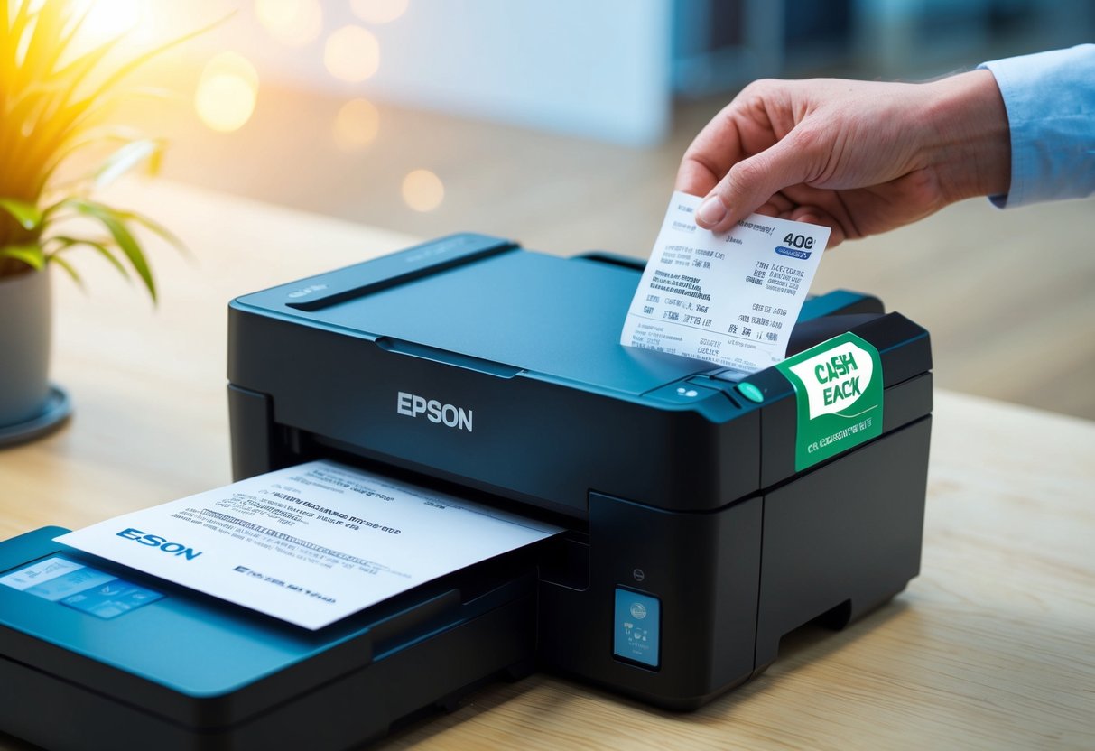 A hand holding a receipt with an Epson EcoTank printer and a cashback offer sticker