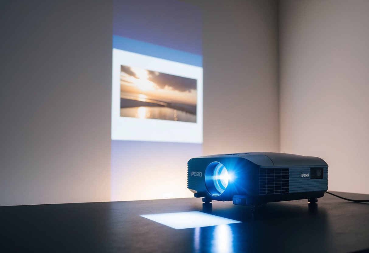 An Epson projector casting a bright image onto a blank wall