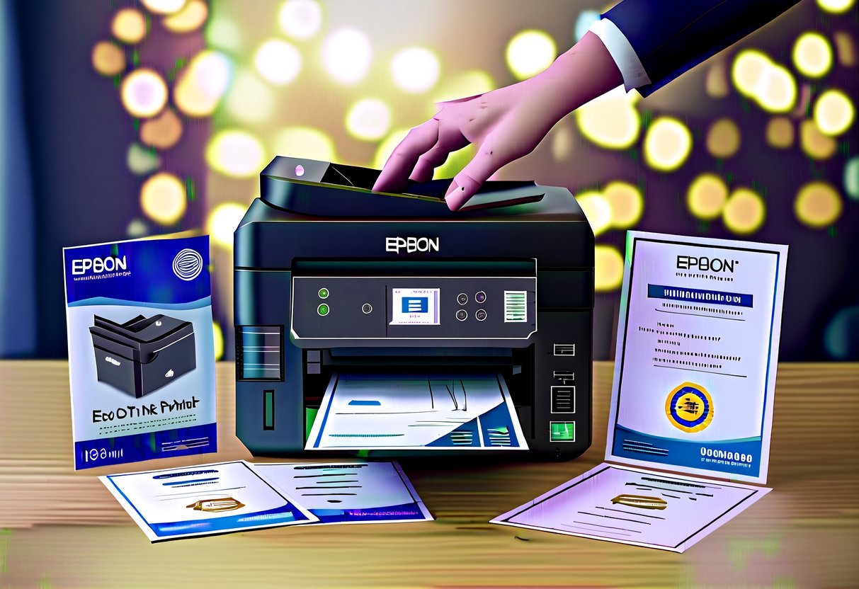 A hand reaching out to protect an Epson EcoTank printer, surrounded by promotional materials and a warranty certificate