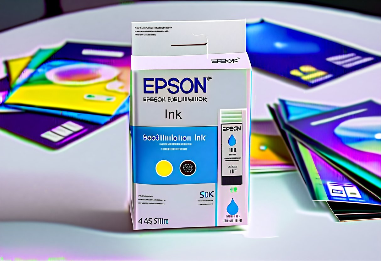 A package of Epson sublimation ink sits on a clean, white tabletop, surrounded by colorful promotional materials