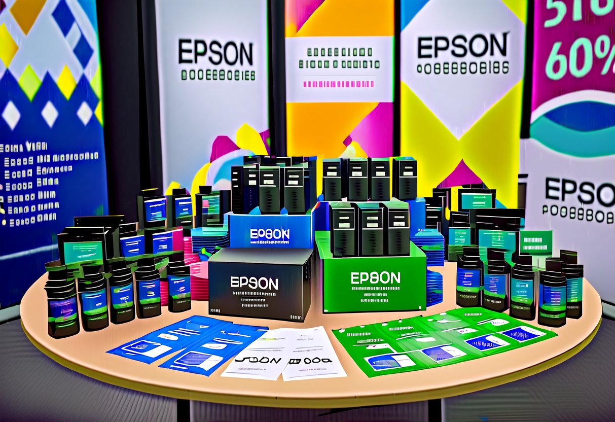 A table full of colorful Epson accessories surrounded by promotional banners and signs