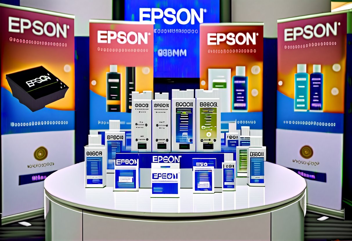 A display of Epson products surrounded by promotional banners and signs