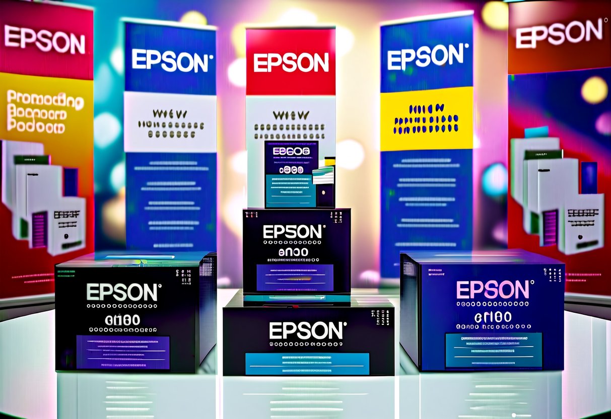 A vibrant display of Epson products with promotional banners and logos