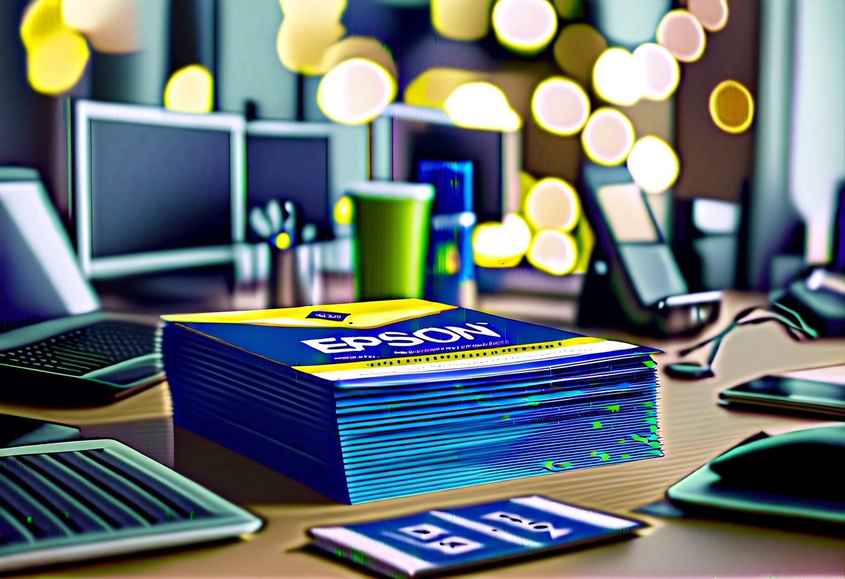 A stack of promotional flyers with the Epson logo, surrounded by various electronic devices and office supplies