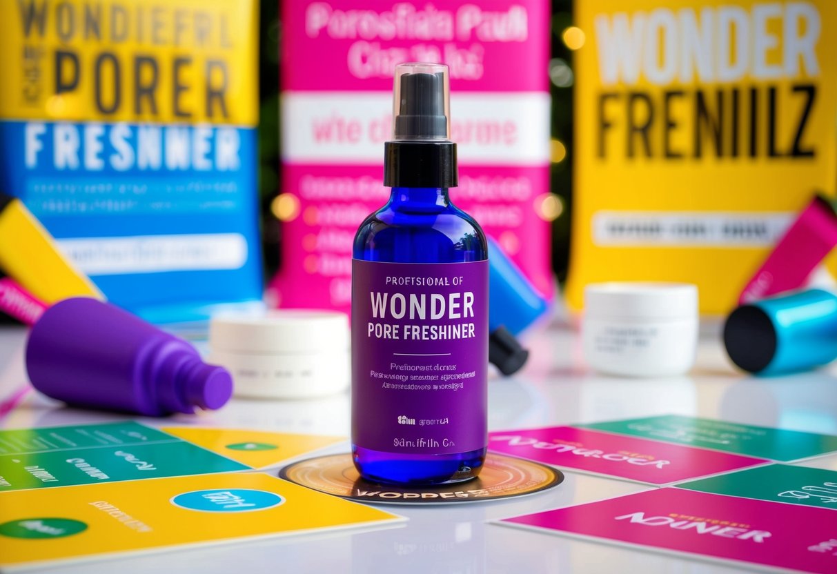 A bottle of Wonder Pore Freshner surrounded by colorful promotional banners and products