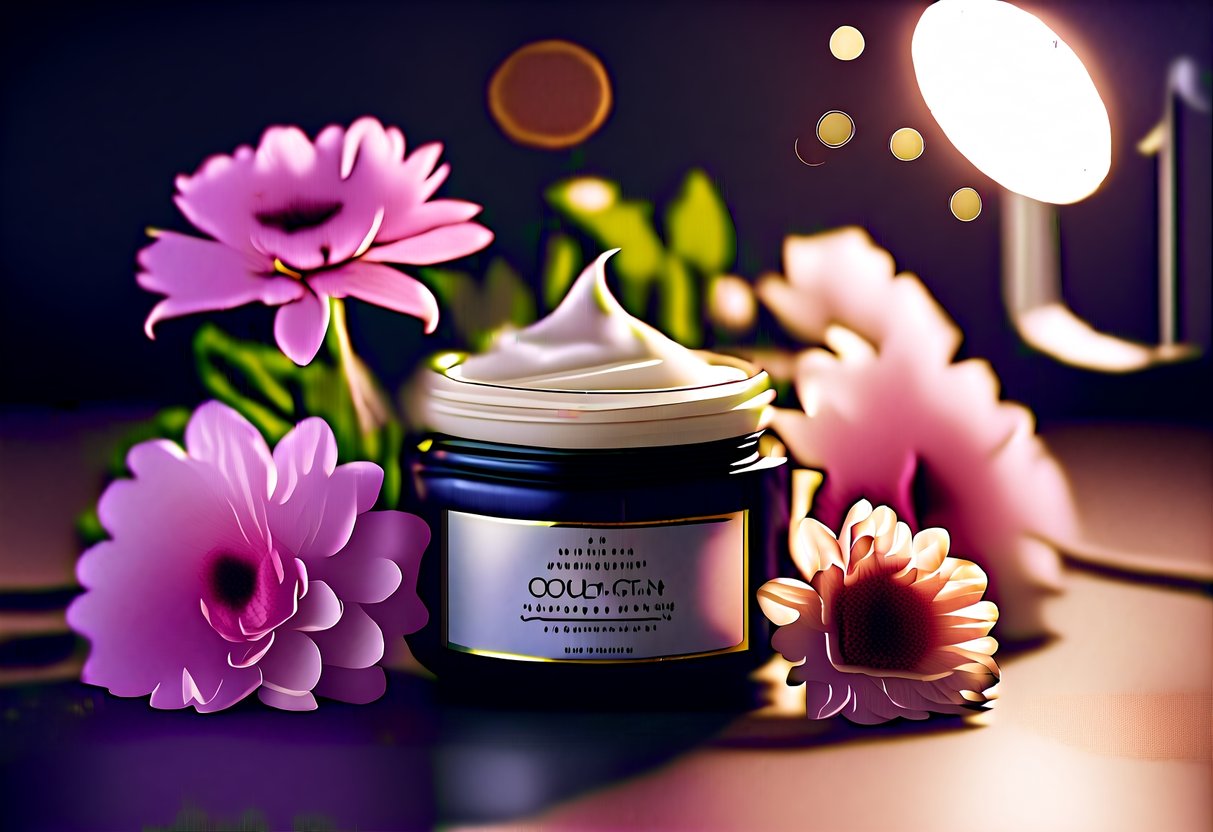 A luxurious jar of Moistfull Collagen Cream surrounded by delicate pink flowers and a glowing spotlight