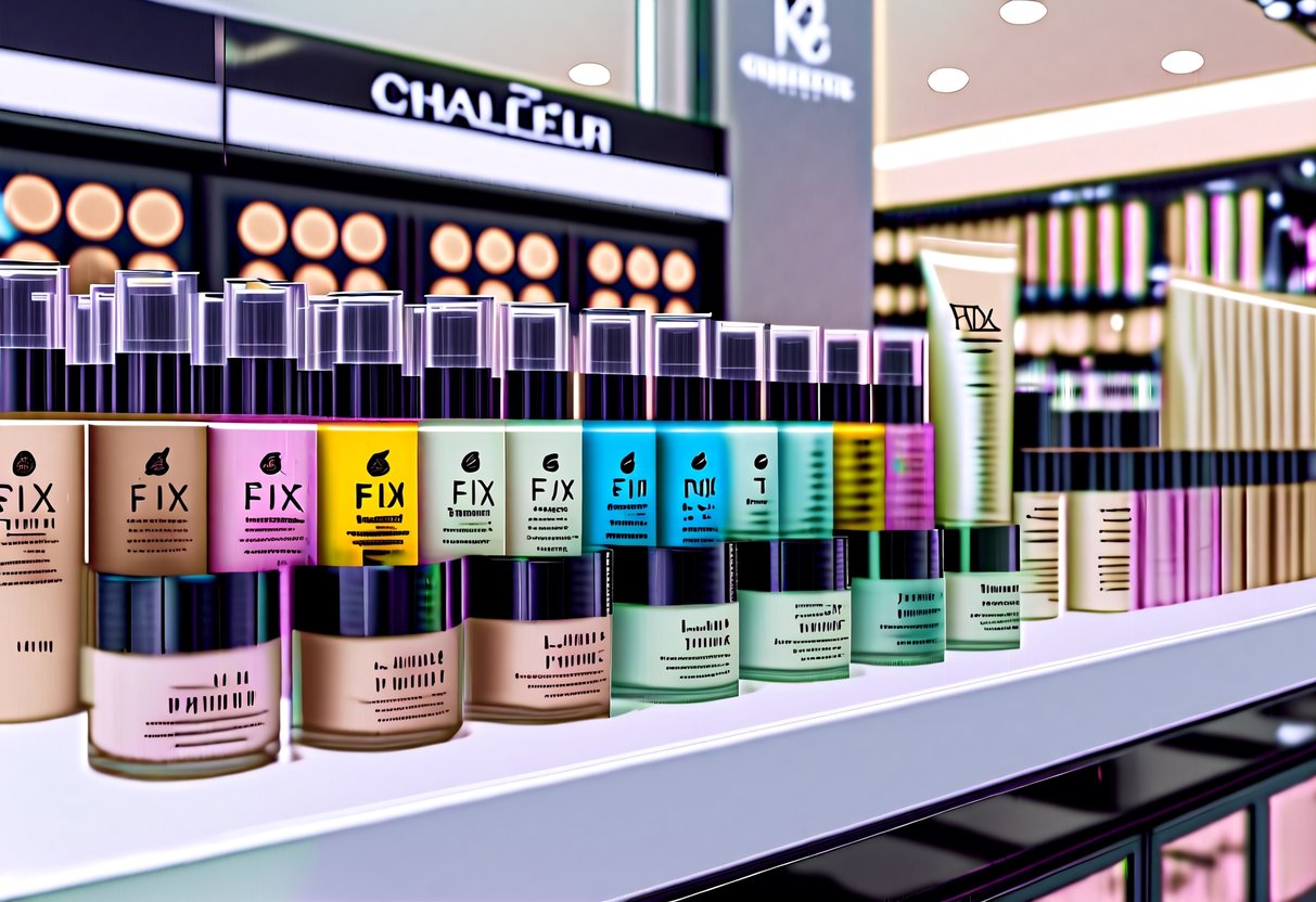 A colorful array of Fix and Fix Primer products displayed on a clean, modern cosmetic store shelf