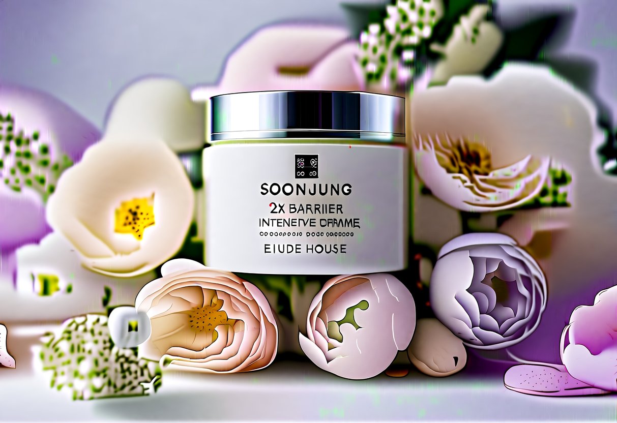 A luxurious jar of SoonJung 2x Barrier Intensive Cream surrounded by delicate flowers and soft pastel colors, with the Etude House logo subtly displayed