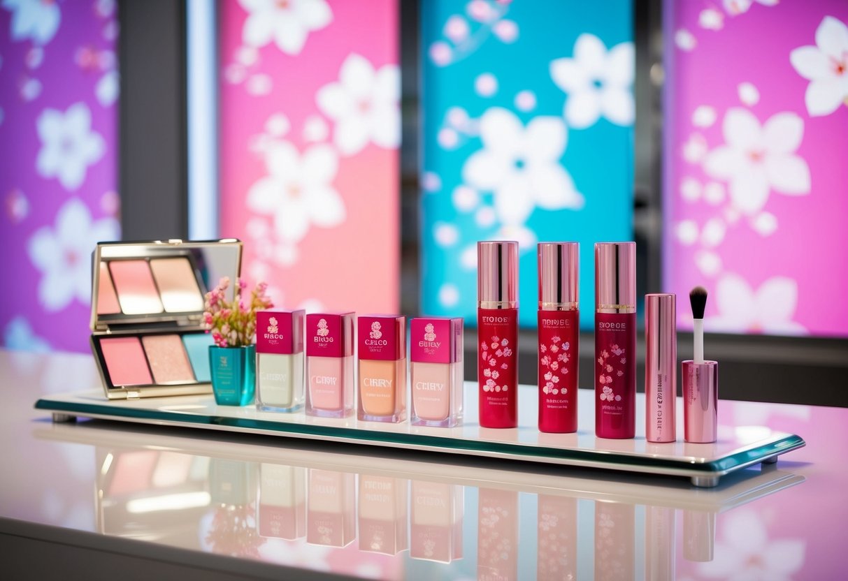 A colorful display of Etude House Cherry Blossom makeup products arranged on a sleek, modern counter