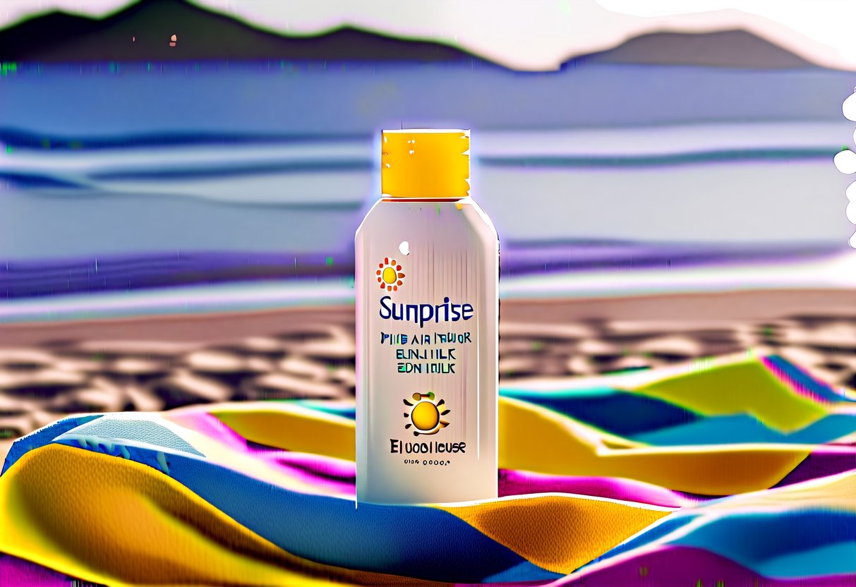 A sunny beach with a bottle of Sunprise Mild Airy Finish Sun Milk by Etude House displayed on a colorful towel