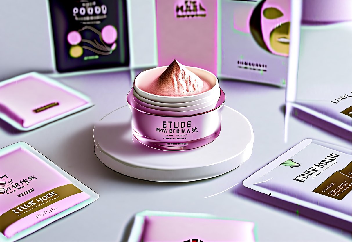 A pink powder mask sits on a clean, white surface surrounded by promotional materials from Etude House