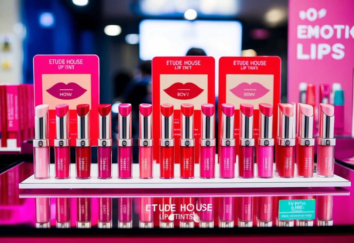 A vibrant display of Etude House lip tints, arranged in a rich and vivid color palette, with promotional signs and logos