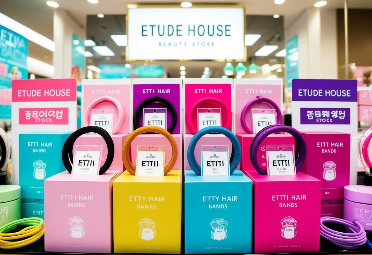 A colorful display of Lovely Etti Hair Bands surrounded by promotional signage at an Etude House beauty store