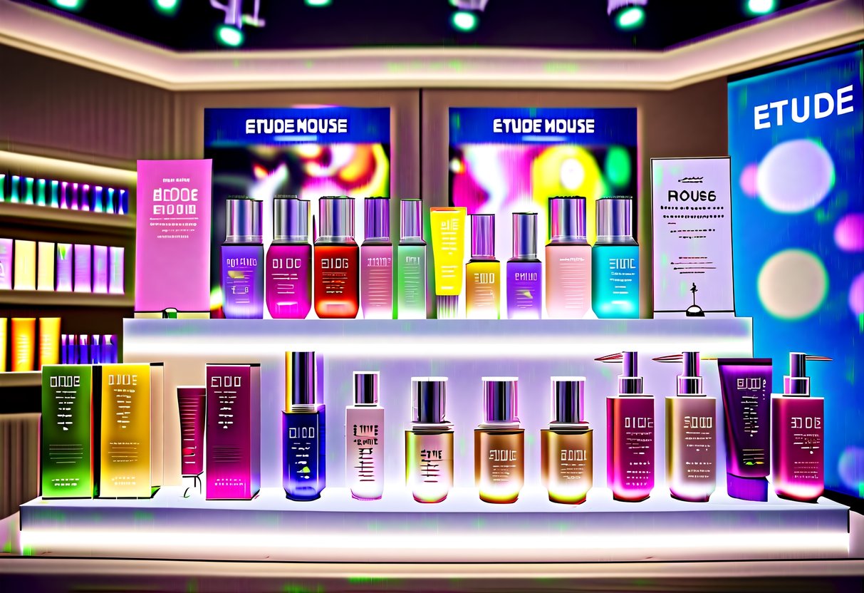 A colorful display of Etude House products arranged on shelves with promotional signs and banners. Bright lights illuminate the cosmetics, creating an inviting atmosphere