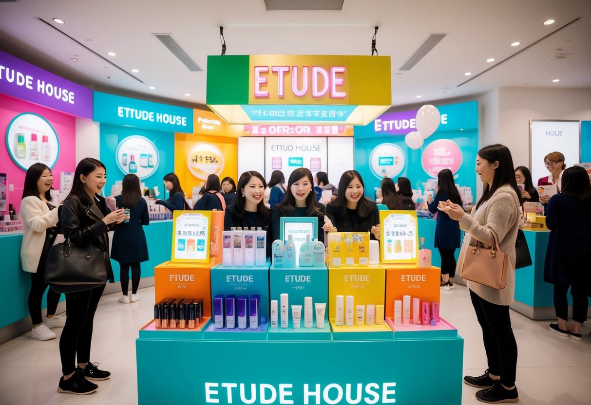 A colorful display of Etude House products with promotional signs and banners, surrounded by excited customers browsing and selecting items