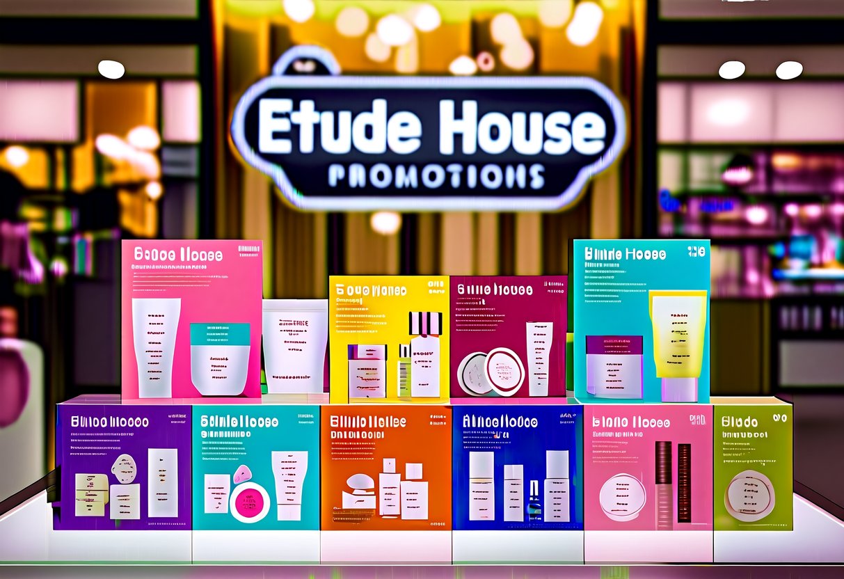 A colorful display of Etude House promotions with various products and signage