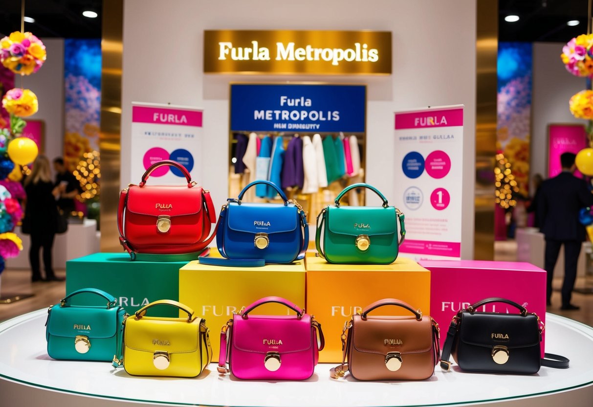 A vibrant display of Furla Metropolis Mini Crossbody bags, surrounded by promotional signage and colorful decorations