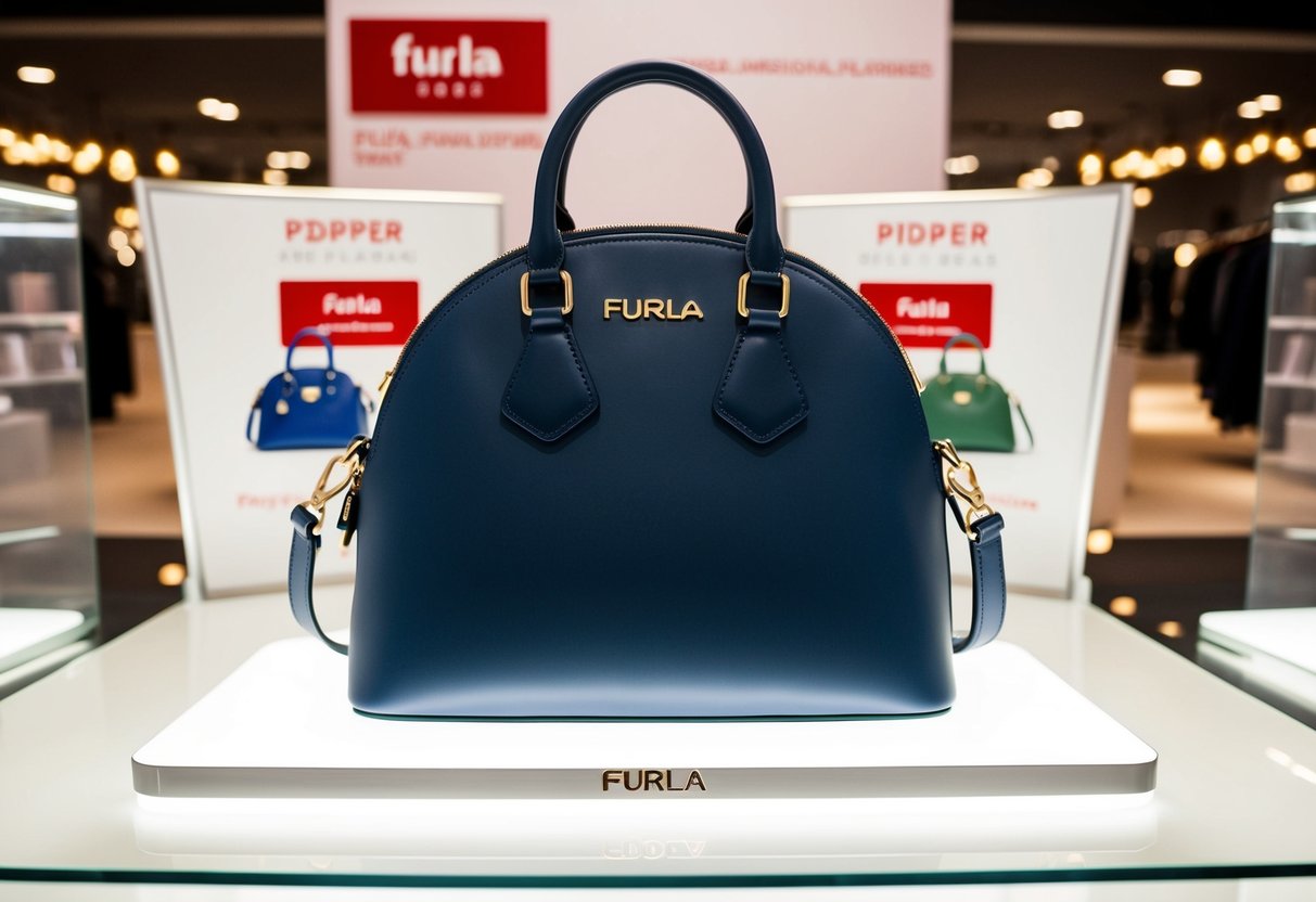 A sleek Furla Piper Dome Handbag on display with promotional signage