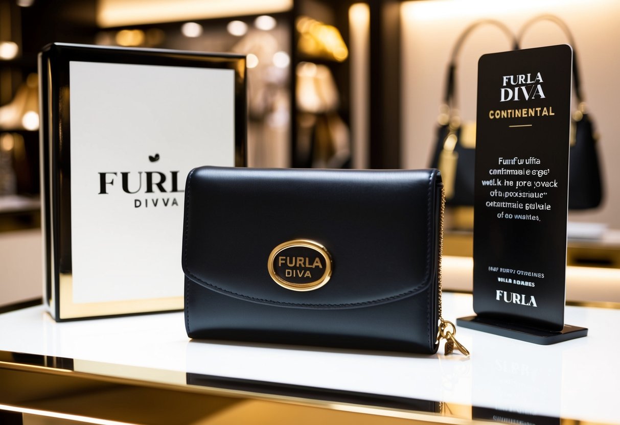 A sleek Furla Diva Continental Wallet displayed with promotional signage in a well-lit luxury boutique setting