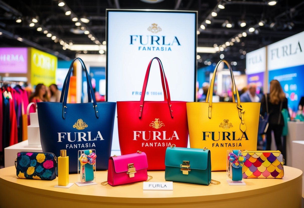 A vibrant display of Furla Fantasia Tote bags surrounded by promotional signage and colorful accessories