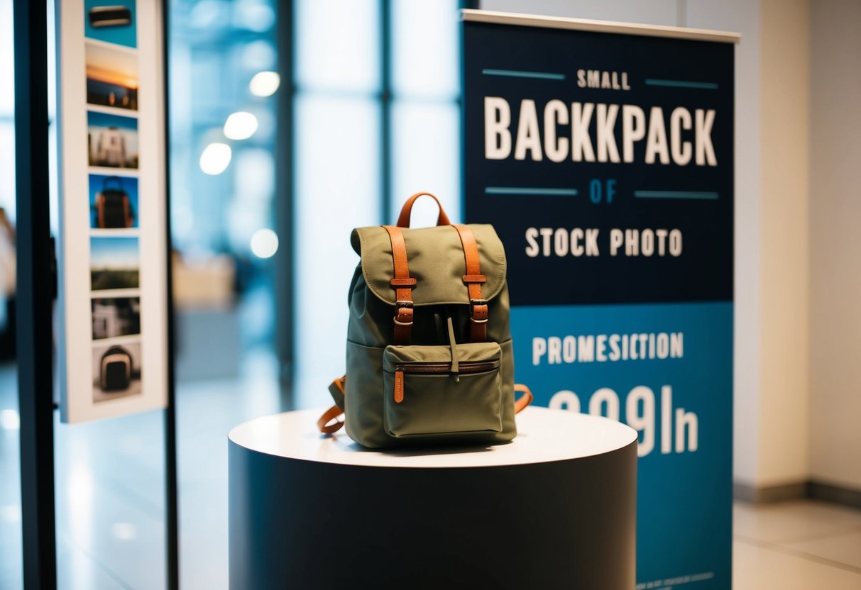 A small backpack sits on a clean, modern display with a promotional sign nearby