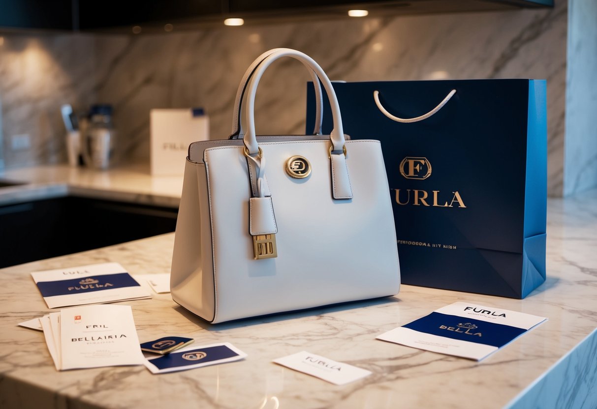 A sleek Furla Bellaria Shoulder Bag sits on a marble countertop, surrounded by scattered promotional materials and a logo-emblazoned shopping bag