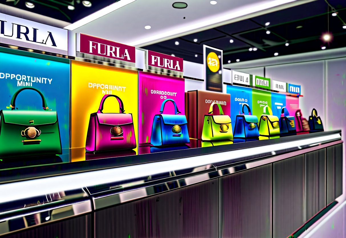 A vibrant display of Furla Opportunity Mini Bags on a sleek, modern store shelf. Bright lighting highlights the colorful bags and their promotional signage