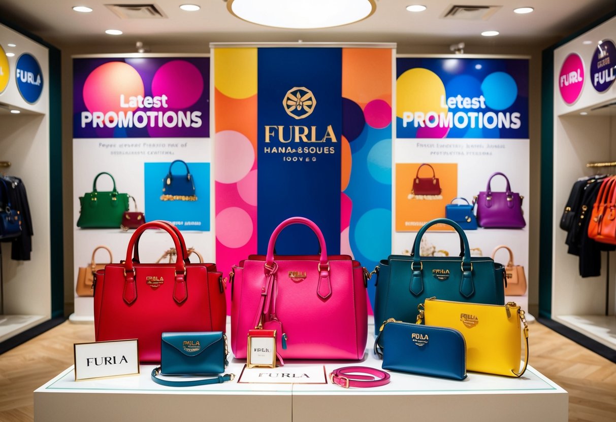 A vibrant display of Furla handbags and accessories, surrounded by colorful banners and signage promoting the latest promotions