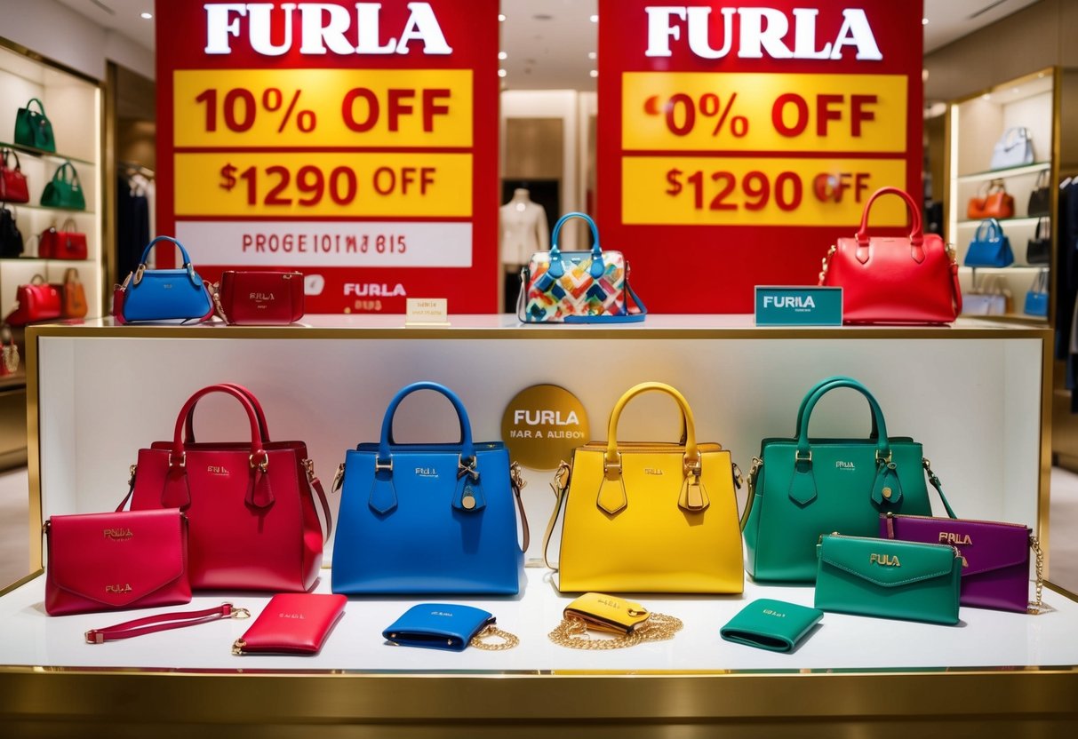 A colorful display of Furla handbags and accessories with prominent promotional signs and discounts