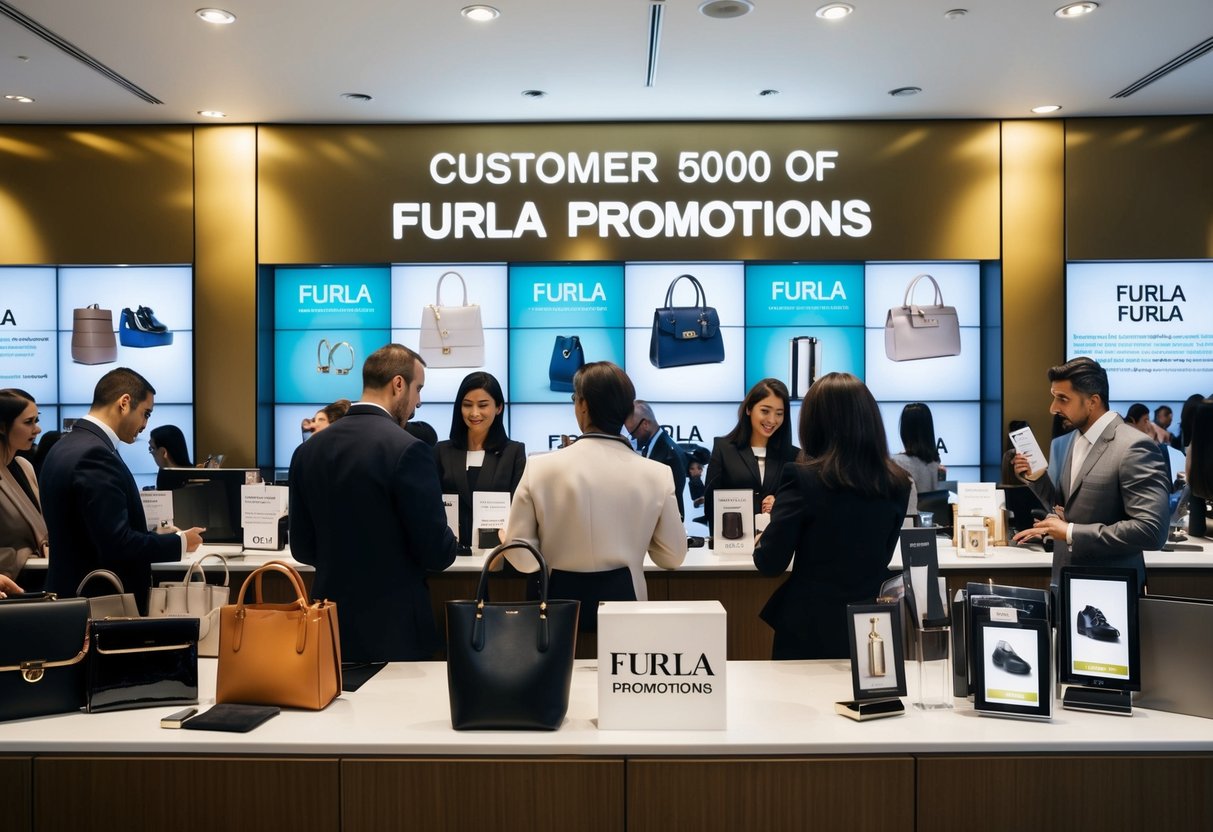 A busy customer service desk with people asking questions about Furla promotions. Displays of products and promotional materials are visible