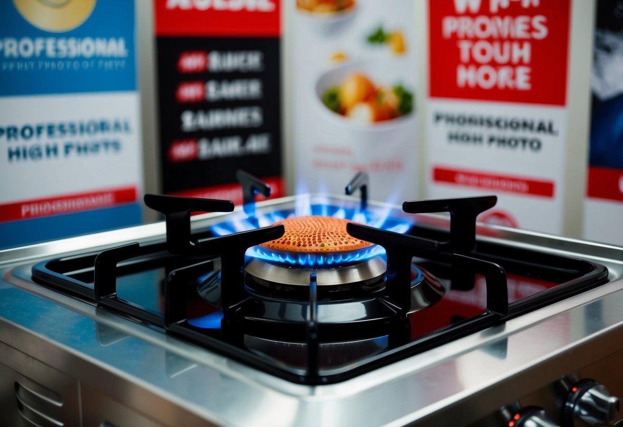 A gas hob surrounded by promotional banners and signs